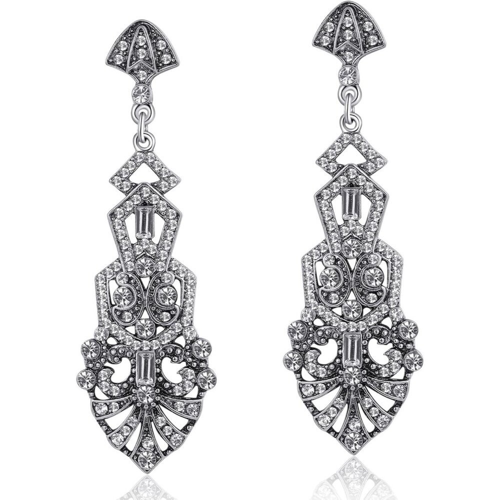 Roaring 20s Flapper Earrings - Great Gatsby Rhinestones, Silver, Dangle, Vintage